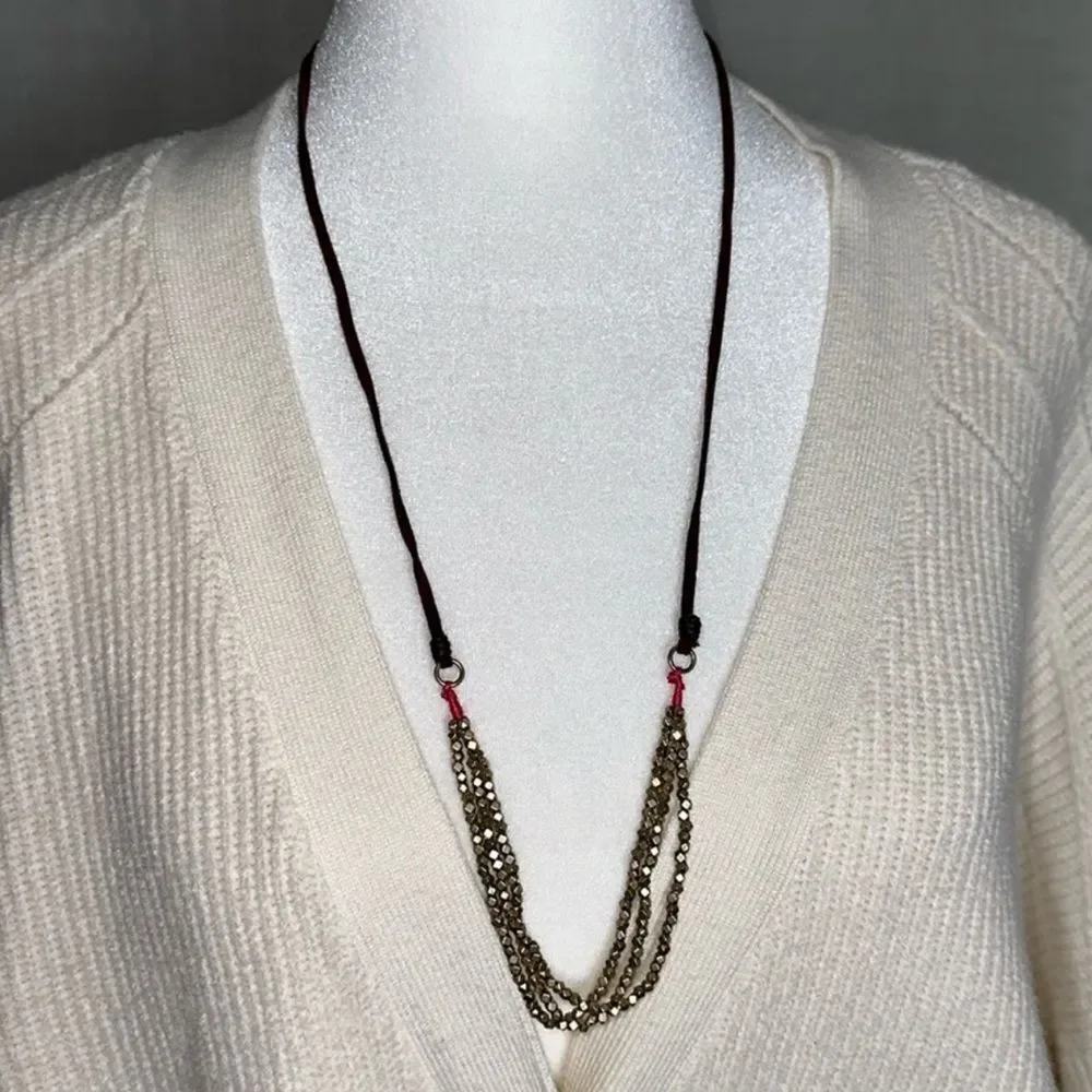 AE Brown Leather Gold Tone Triple Strand Fuchsia Western Boho Necklace